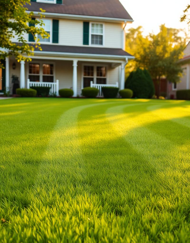Freshly maintained residential lawn with crisp mower stripes